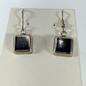 Vintage Taxco? Mexico 925 Sterling Silver Black Onyx Dangle Earrings Square .5"
